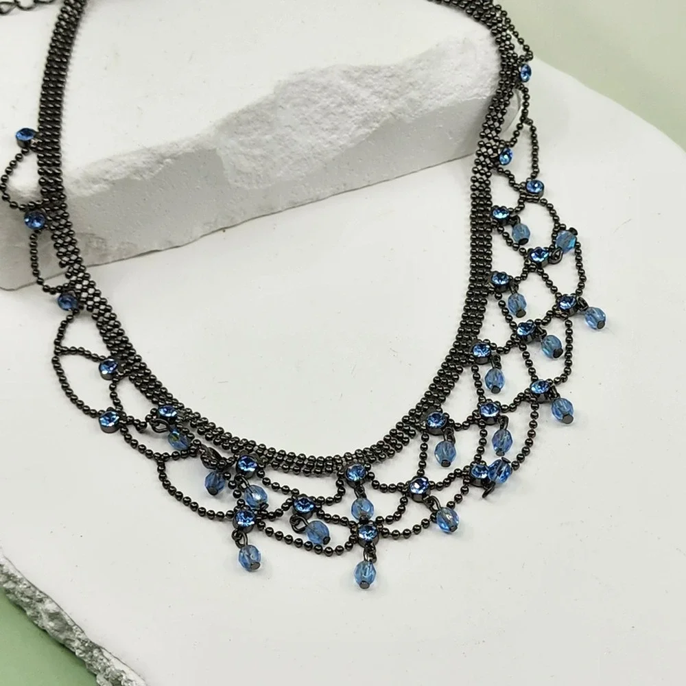 Kiam Family Blue Rhinestone Gunmetal Multi Strand Draped Statement Bib Necklace